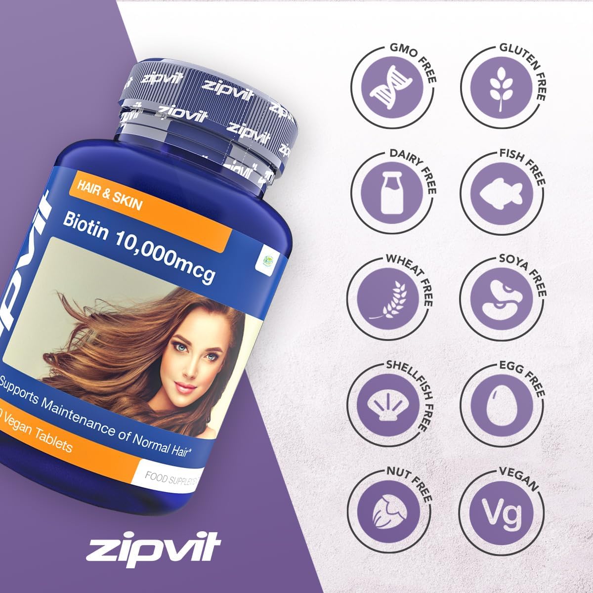 Zipvit Biotin Hair Growth Supplement 10000mcg, 180 Vegan Tablets (6 Months Supply). High Strength Biotin for Hair and Skin. Supports Hair Growth & Skin Health. Vegan Hair Vitamins for Women & Men-6