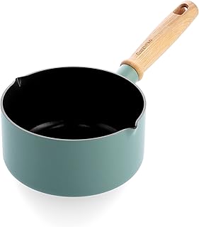 Greenpan Mayflower Healthy Ceramic Non-Stick 16 cm/1.6 Litre Saucepan with Pour Spouts, Vintage Wood Handle, PFAS-Free, Induction, Smoky Blue, Blue