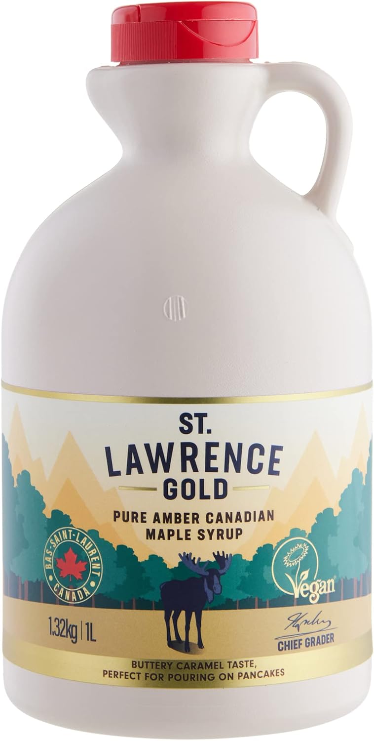 St Lawrence Gold 100% Pure Canadian Maple Syrup 1 Litre - Grade A, Amber - Rich, Caramel Butter Syrup for Pancakes, Waffles, Cooking and Glazing - Gluten Free, Vegan, Bulk Buy-0