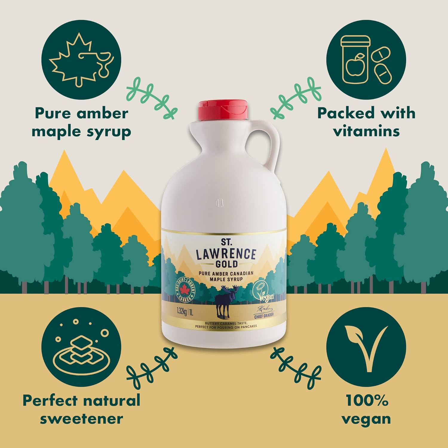 St Lawrence Gold 100% Pure Canadian Maple Syrup 1 Litre - Grade A, Amber - Rich, Caramel Butter Syrup for Pancakes, Waffles, Cooking and Glazing - Gluten Free, Vegan, Bulk Buy-1