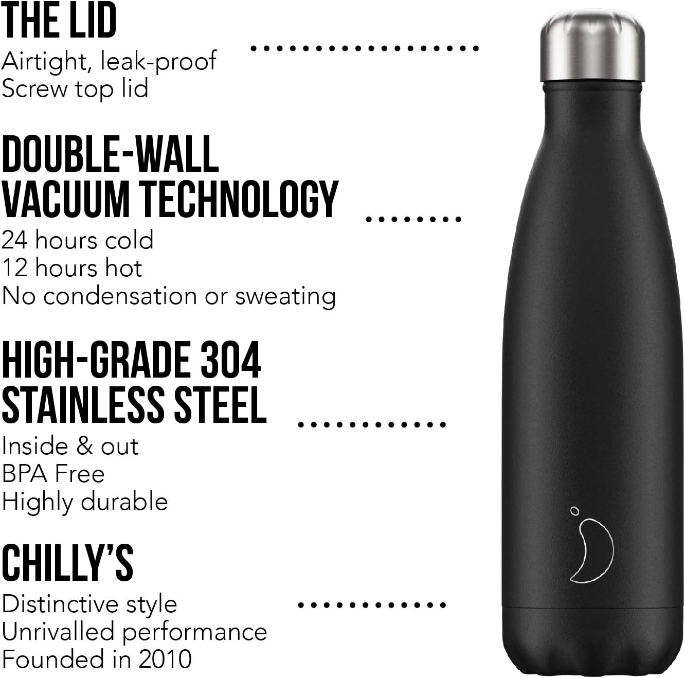 Chilly's Water Bottle - Stainless Steel and Reusable - Leak Proof, Sweat Free - Black - 500ml-2