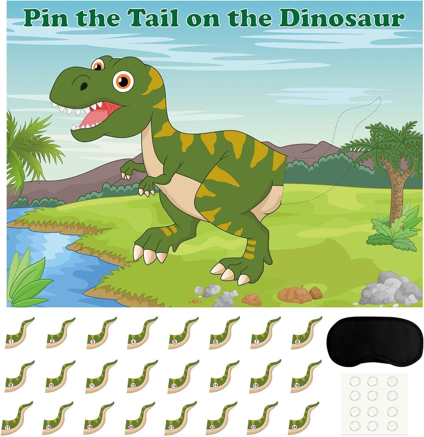 FEPITO Pin the Tail on the Dinosaur Game with 24 Pcs Tails for Dinosaur Birthday Party Supplies, Boys Dinosaur Party Game-0