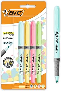 Bic Highlighter Grip Pens with Anti-Drying Technology in 4 Assorted Colors, Water-Based, Pack of 4