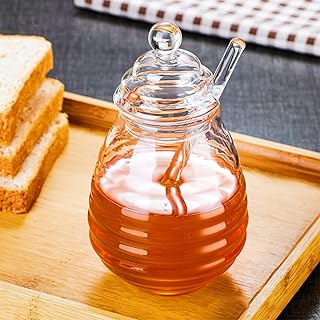 MINGZE Honey Jar Pot, with Dipper and Lid Cover, Transparent, by High Borosilicate Glass for Home Kitchen, 250 ml