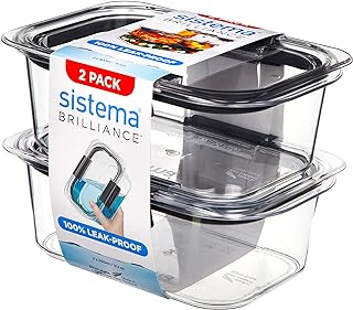 Sistema Brilliance Leakproof Food Storage Container | Stain and Odour Resistant | Microwave Steam Vents | 920 ml | BPA-Free | Grey Clips | 2 Count