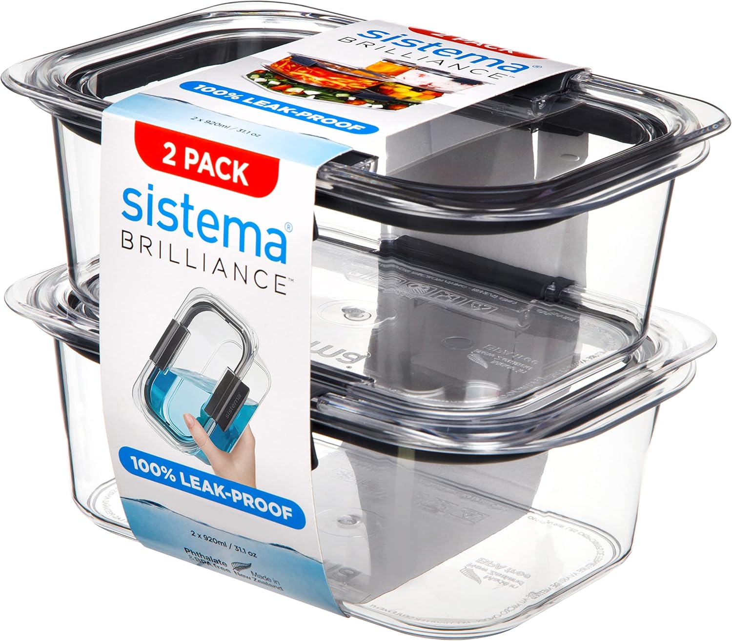 Sistema Brilliance Leakproof Food Storage Container | Stain and Odour Resistant | Microwave Steam Vents | 920 ml | BPA-Free | Grey Clips | 2 Count-0