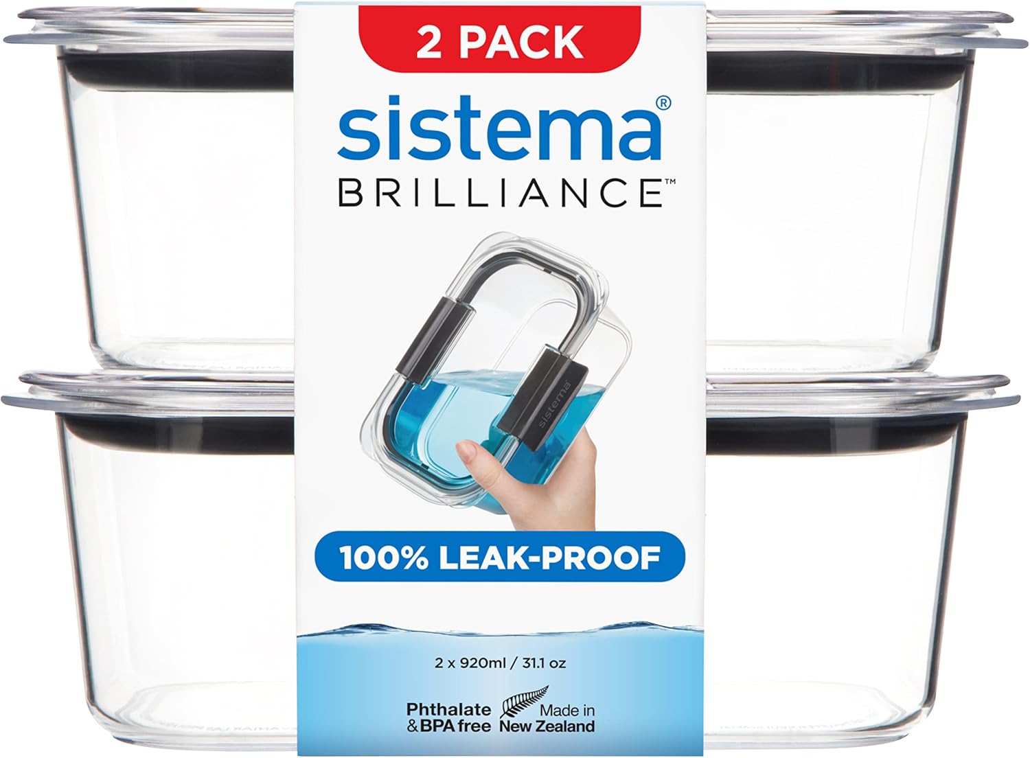 Sistema Brilliance Leakproof Food Storage Container | Stain and Odour Resistant | Microwave Steam Vents | 920 ml | BPA-Free | Grey Clips | 2 Count-7