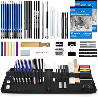 Shuttle Art Sketching Pencils and Drawing Set, 52 Pack Sketch Pad and Pencils Set in Sturdy Zipper Case with Charcoal Pencils and Sketch Books, Professional Sketch Drawing Pencils for Artists, Adults