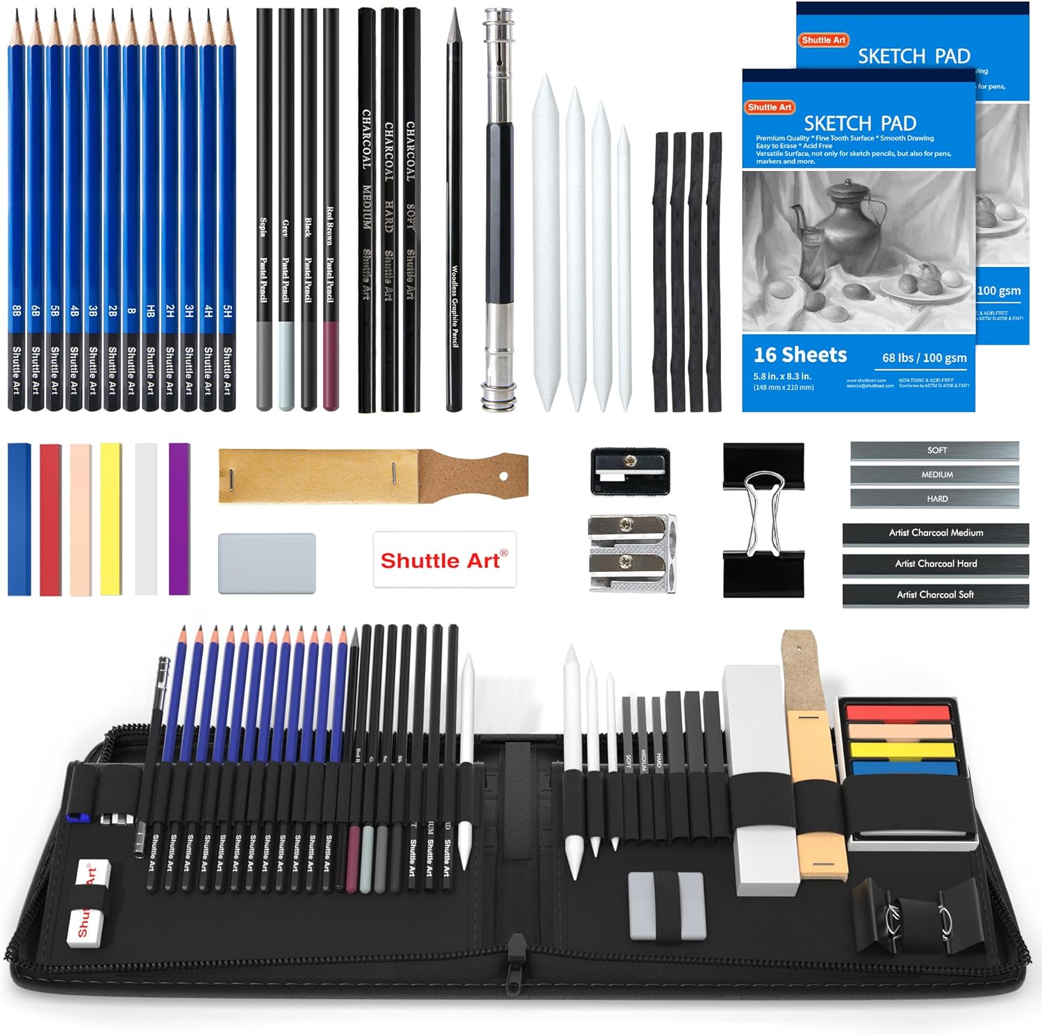 Shuttle Art Sketching Pencils and Drawing Set, 52 Pack Sketch Pad and Pencils Set in Sturdy Zipper Case with Charcoal Pencils and Sketch Books, Professional Sketch Drawing Pencils for Artists, Adults-0