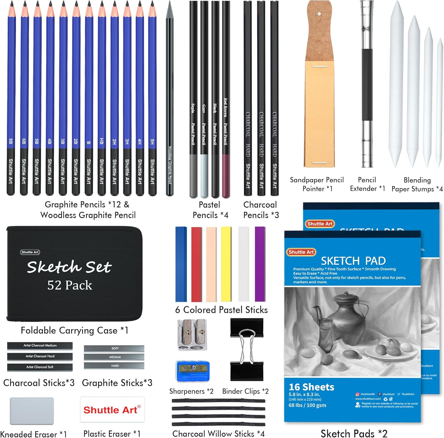 Shuttle Art Sketching Pencils and Drawing Set, 52 Pack Sketch Pad and Pencils Set in Sturdy Zipper Case with Charcoal Pencils and Sketch Books, Professional Sketch Drawing Pencils for Artists, Adults-1