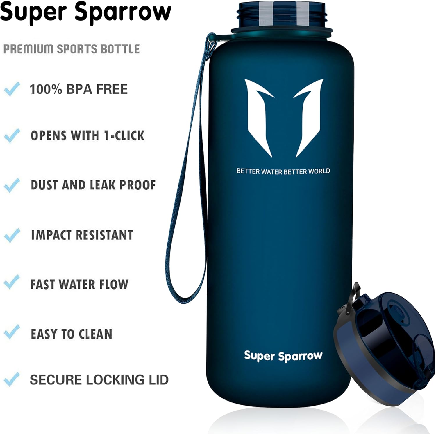 Super Sparrow Sports Water Bottle - 1.5L - Non-Toxic BPA Free & Eco-Friendly Tritan Co-Polyester Plastic - Fast Water Flow, Flip Top, Opens With 1-Click-1