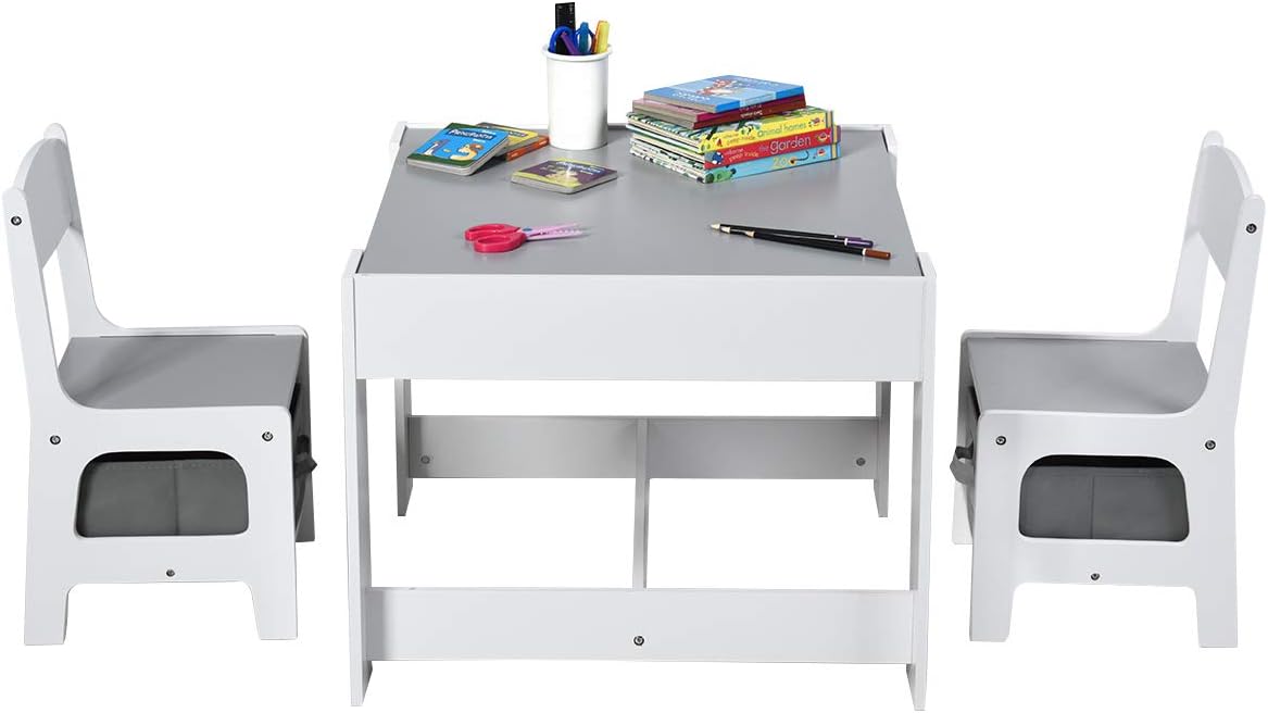 Maxmass 3PCS Kids Table and Chair Set, Wooden Children Activity Desk Chairs with Removable Double Side Tabletop and Storage Drawers, Toddler Play Table Furniture for Eating Drawing Reading (Grey)-0