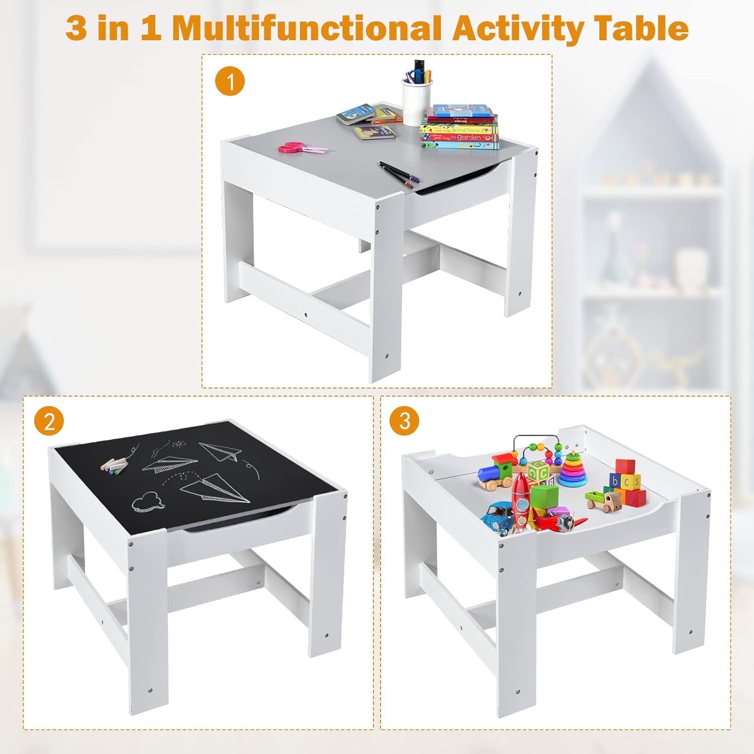 Maxmass 3PCS Kids Table and Chair Set, Wooden Children Activity Desk Chairs with Removable Double Side Tabletop and Storage Drawers, Toddler Play Table Furniture for Eating Drawing Reading (Grey)-1