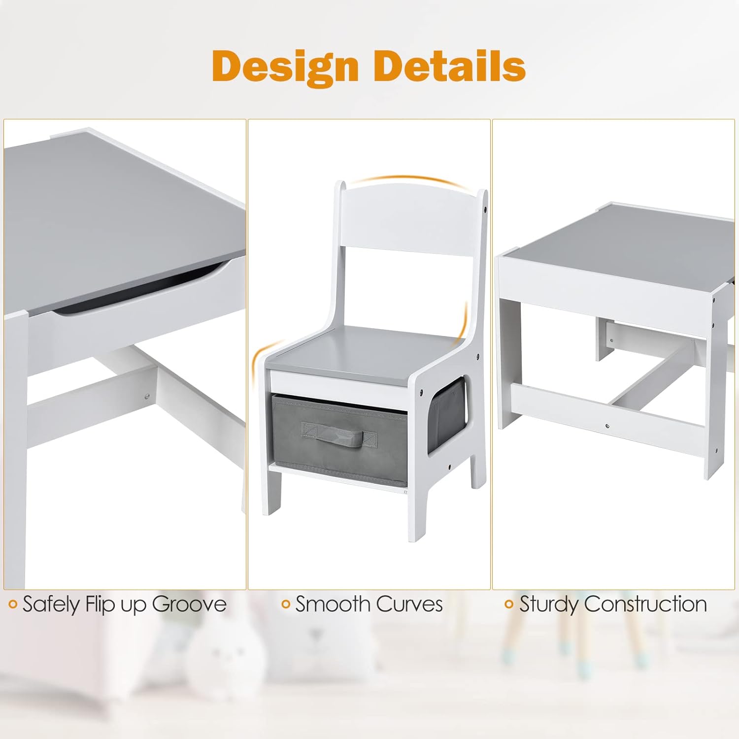 Maxmass 3PCS Kids Table and Chair Set, Wooden Children Activity Desk Chairs with Removable Double Side Tabletop and Storage Drawers, Toddler Play Table Furniture for Eating Drawing Reading (Grey)-3