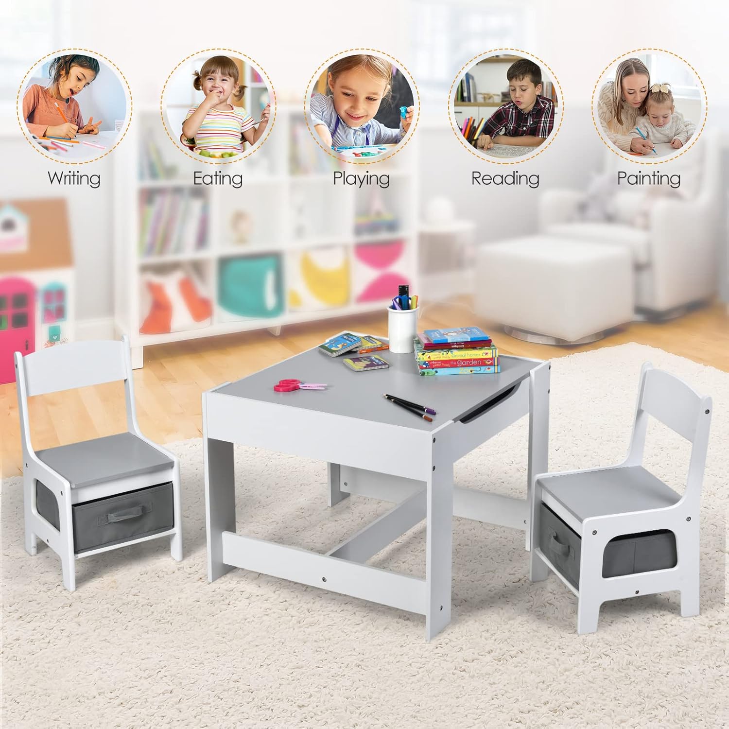 Maxmass 3PCS Kids Table and Chair Set, Wooden Children Activity Desk Chairs with Removable Double Side Tabletop and Storage Drawers, Toddler Play Table Furniture for Eating Drawing Reading (Grey)-5