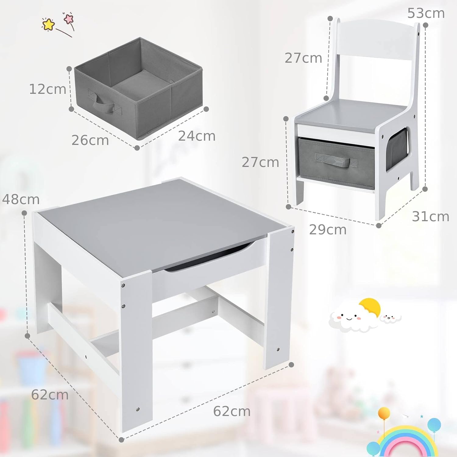 Maxmass 3PCS Kids Table and Chair Set, Wooden Children Activity Desk Chairs with Removable Double Side Tabletop and Storage Drawers, Toddler Play Table Furniture for Eating Drawing Reading (Grey)-6