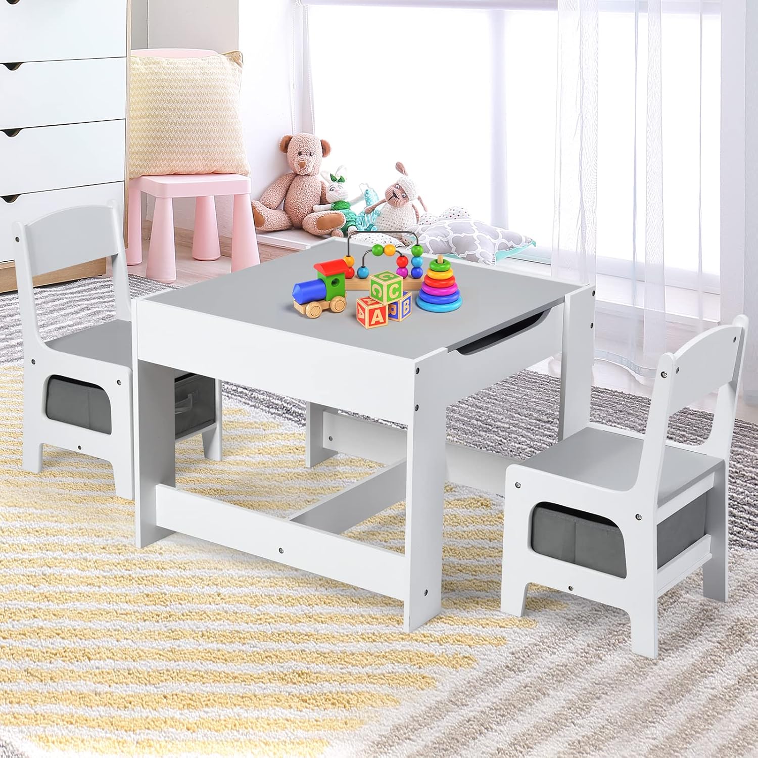 Maxmass 3PCS Kids Table and Chair Set, Wooden Children Activity Desk Chairs with Removable Double Side Tabletop and Storage Drawers, Toddler Play Table Furniture for Eating Drawing Reading (Grey)-7