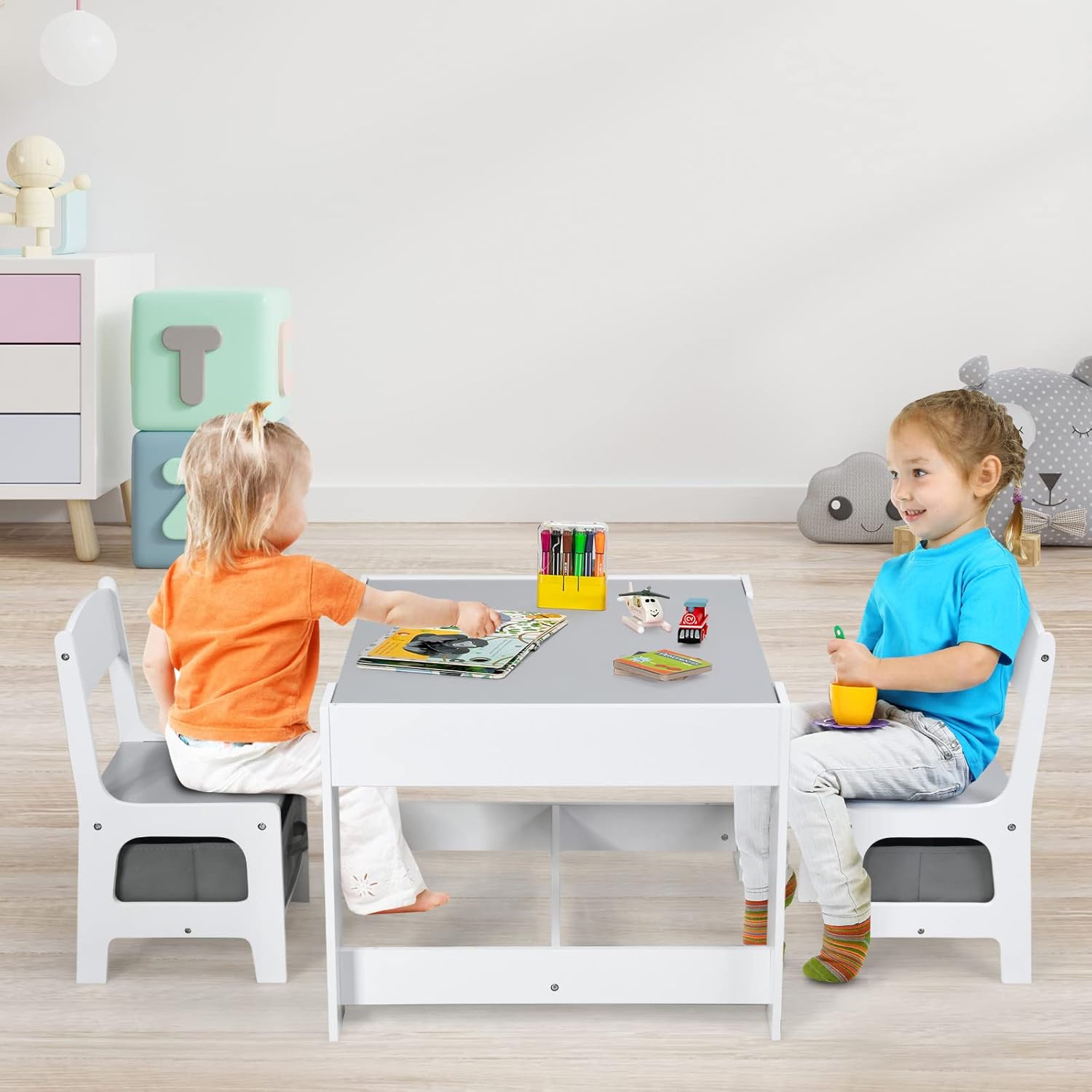 Maxmass 3PCS Kids Table and Chair Set, Wooden Children Activity Desk Chairs with Removable Double Side Tabletop and Storage Drawers, Toddler Play Table Furniture for Eating Drawing Reading (Grey)-8