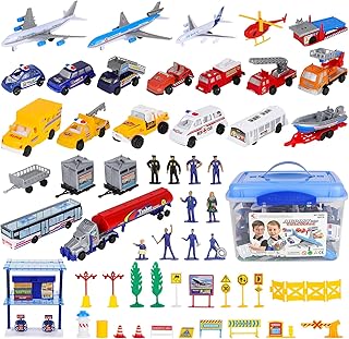 deAO Deluxe 55-Piece Kids Commercial Airport Set in Storage Bucket with Toy Airplanes, Play Vehicles, Police Figures, and Accessories, Multicoloured