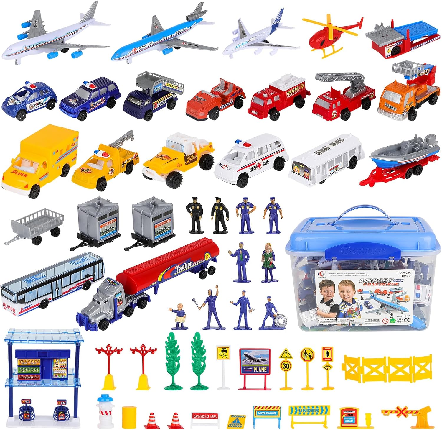 deAO Deluxe 55-Piece Kids Commercial Airport Set in Storage Bucket with Toy Airplanes, Play Vehicles, Police Figures, and Accessories, Multicoloured-0