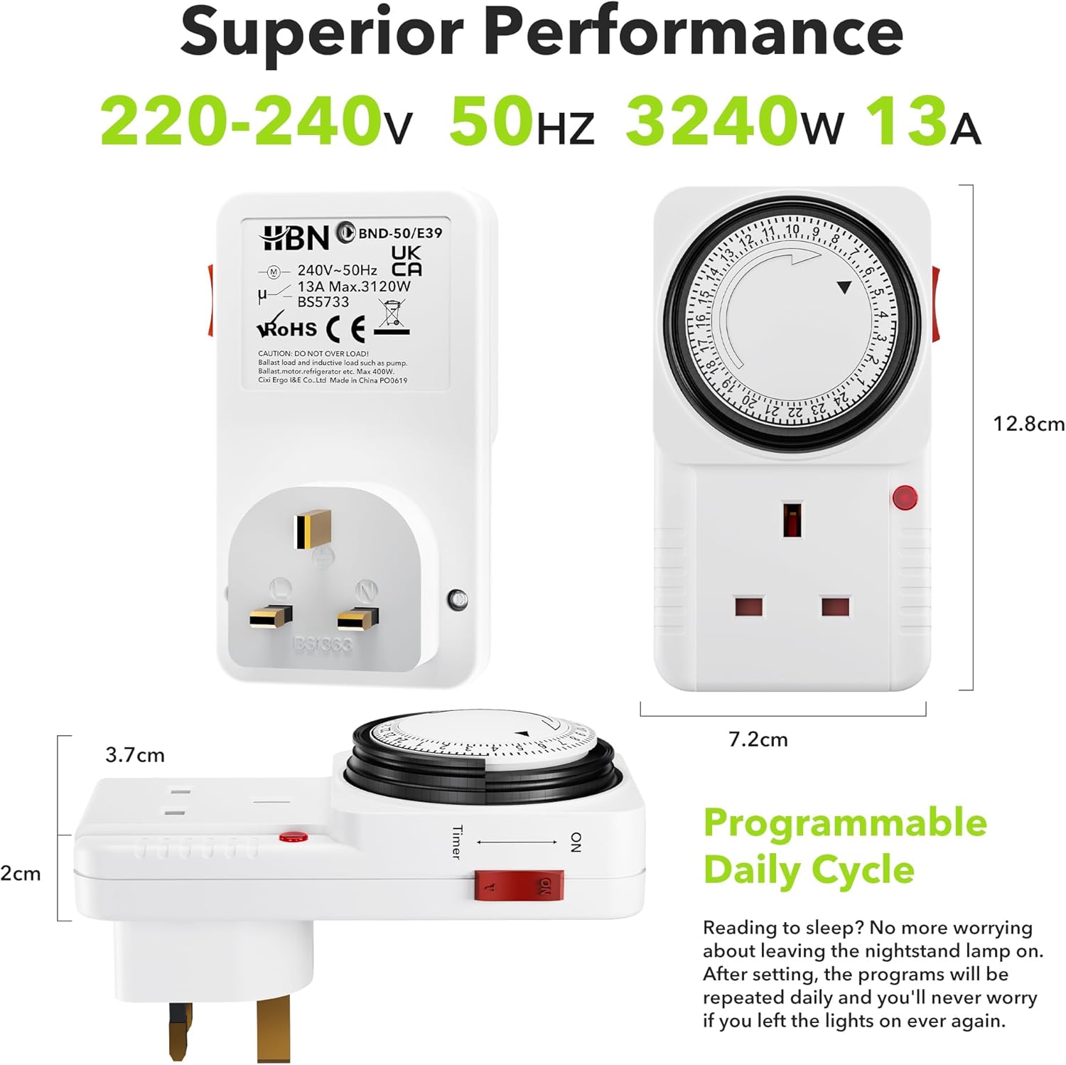 HBN Mechanical Timer Plug Socket, 24 Hour Segment Programmable Energy Saving Plug-in Timer Switch for Lights and Home Appliances (13A/3120W, 3 Pack)-11