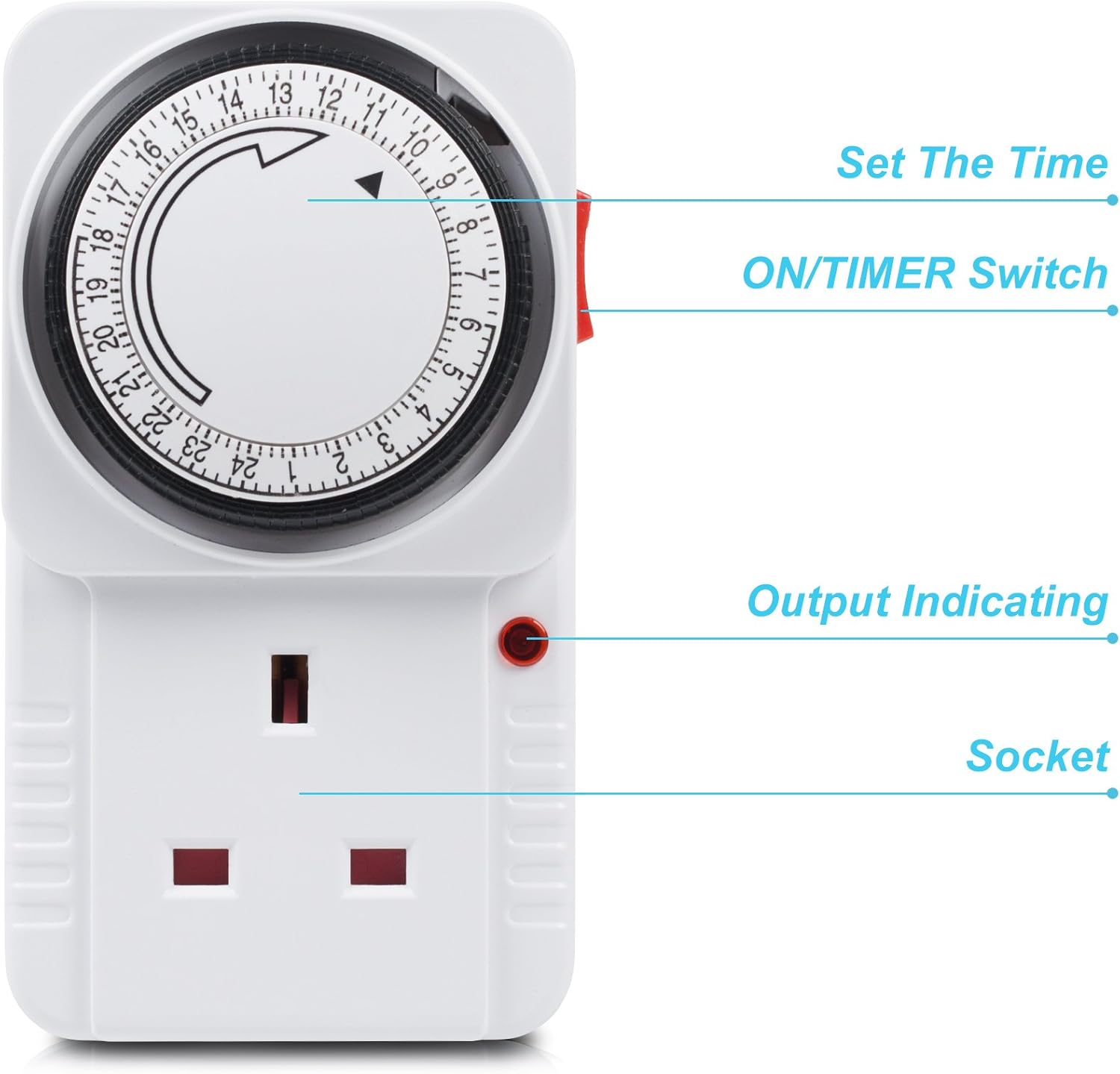 HBN Mechanical Timer Plug Socket, 24 Hour Segment Programmable Energy Saving Plug-in Timer Switch for Lights and Home Appliances (13A/3120W, 3 Pack)-4