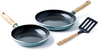 Greenpan Mayflower Healthy Ceramic Non-Stick 3-Piece Frying Pan Skillet Set 20 cm & 24 cm, Including Slotted turner, Vintage Wood Handle, PFAS-Free, Induction, Smoky Blue