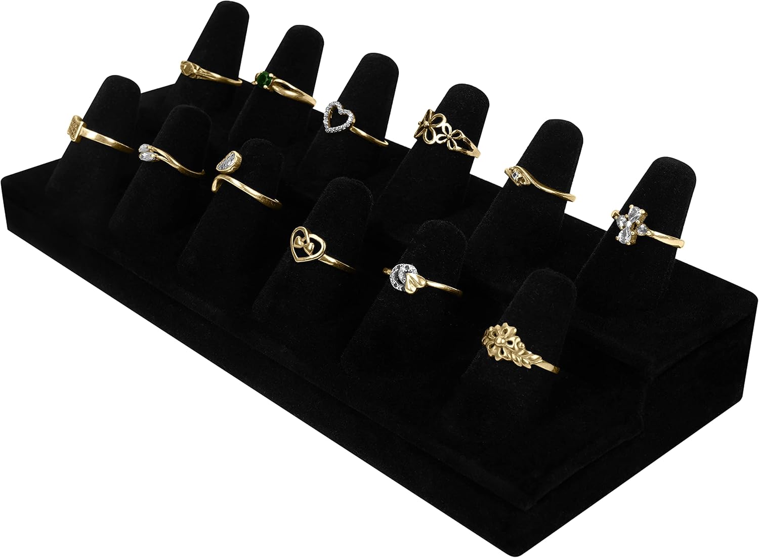 BELLE VOUS Black Velvet Ring Storage Display Holder - 2 Tier 12 Finger Cone Jewellery Tray Stand with Sturdy Base - Ring Organiser for Bedroom, Shops & Jewellery Showcase-0