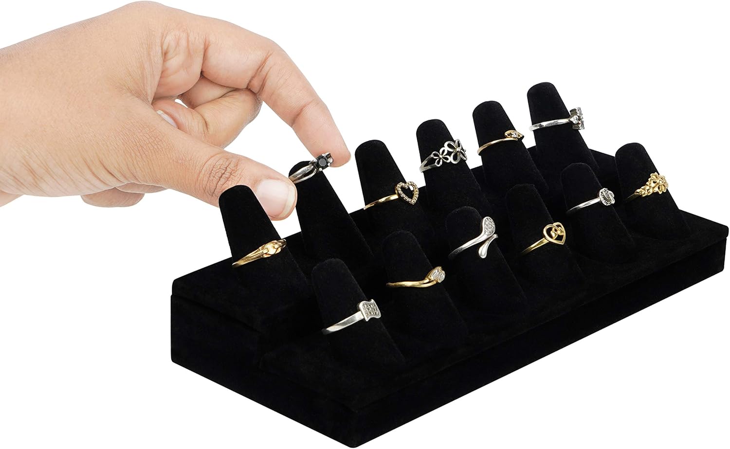 BELLE VOUS Black Velvet Ring Storage Display Holder - 2 Tier 12 Finger Cone Jewellery Tray Stand with Sturdy Base - Ring Organiser for Bedroom, Shops & Jewellery Showcase-2