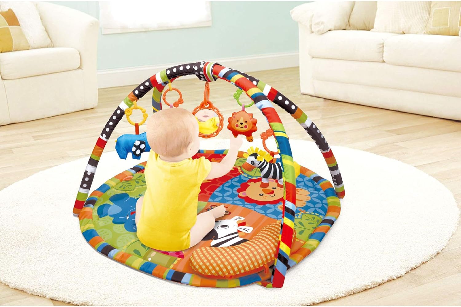 Animal Safari PlayMat, Play Gym Activity Play Mat & Gym for New Born Babies and Toddlers,Soft Toys,Fun Animals,Textures,Mirror, Discovery Carpet for Infants,New Born -Suitable from Birth-2