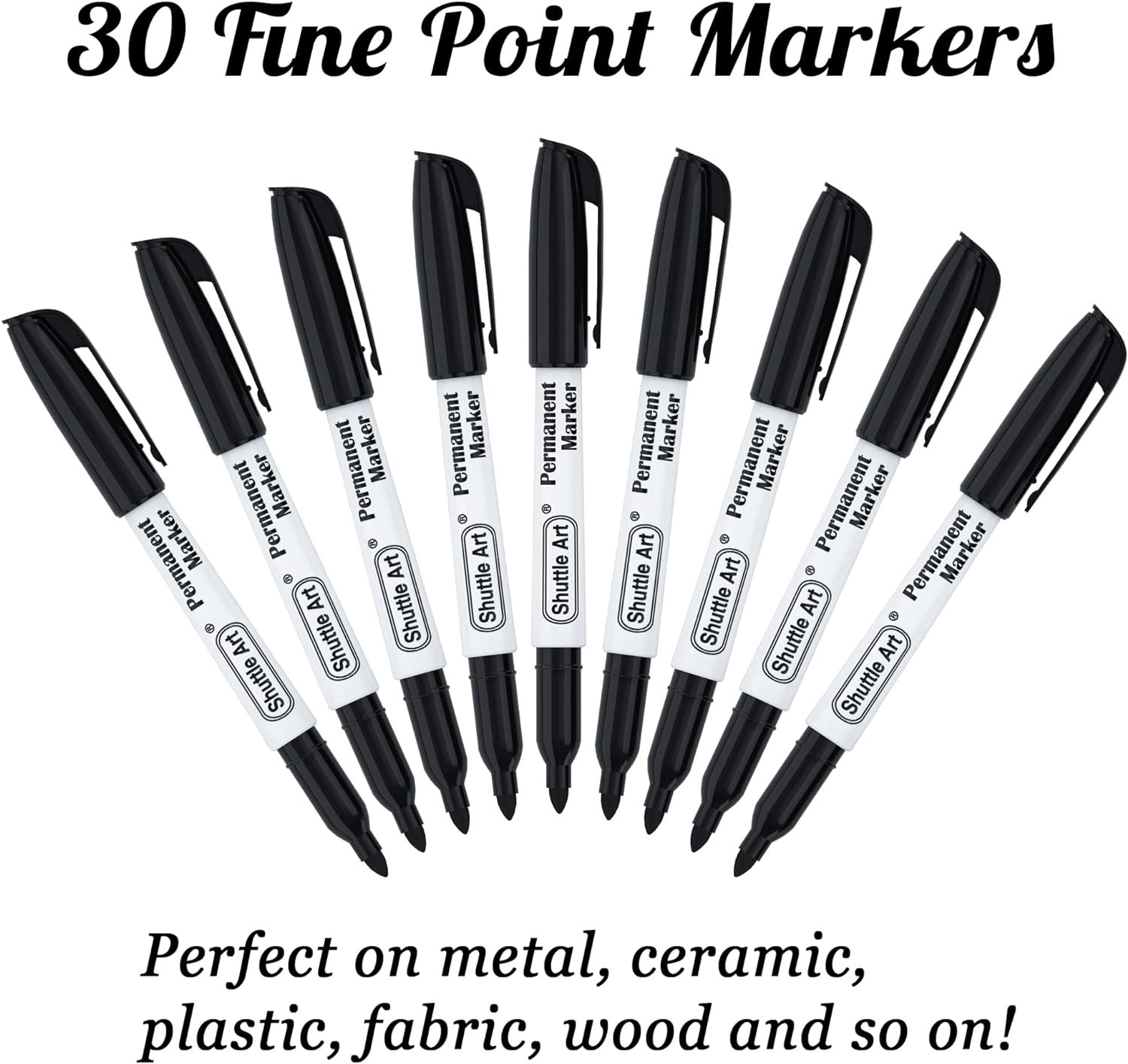 Shuttle Art Black Permanent Markers, 30 Pack Fine Point Permanent Marker Pens Set, Perfect on Plastic, Wood, Stone, Metal and Glass for Doodling, Colouring, Marking, Office School Supplies-1