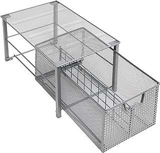 Amtido Mesh Cupboard Basket Organisers - Metal Storage Drawer - Sliding Rack with Dividers for Spice, Pantry Supplies - Kitchen, Bathroom, Undersink, Garage Shelving (Silver, Large)