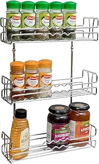 Amtido Spice Rack for Inside Cupboard Door Mount or Wall Mounted - Kitchen Storage Organiser, Space Saving Solution Unit for Herbs, Jars and Small Sauce Bottles - Hardware Included – 3 Tier Chrome