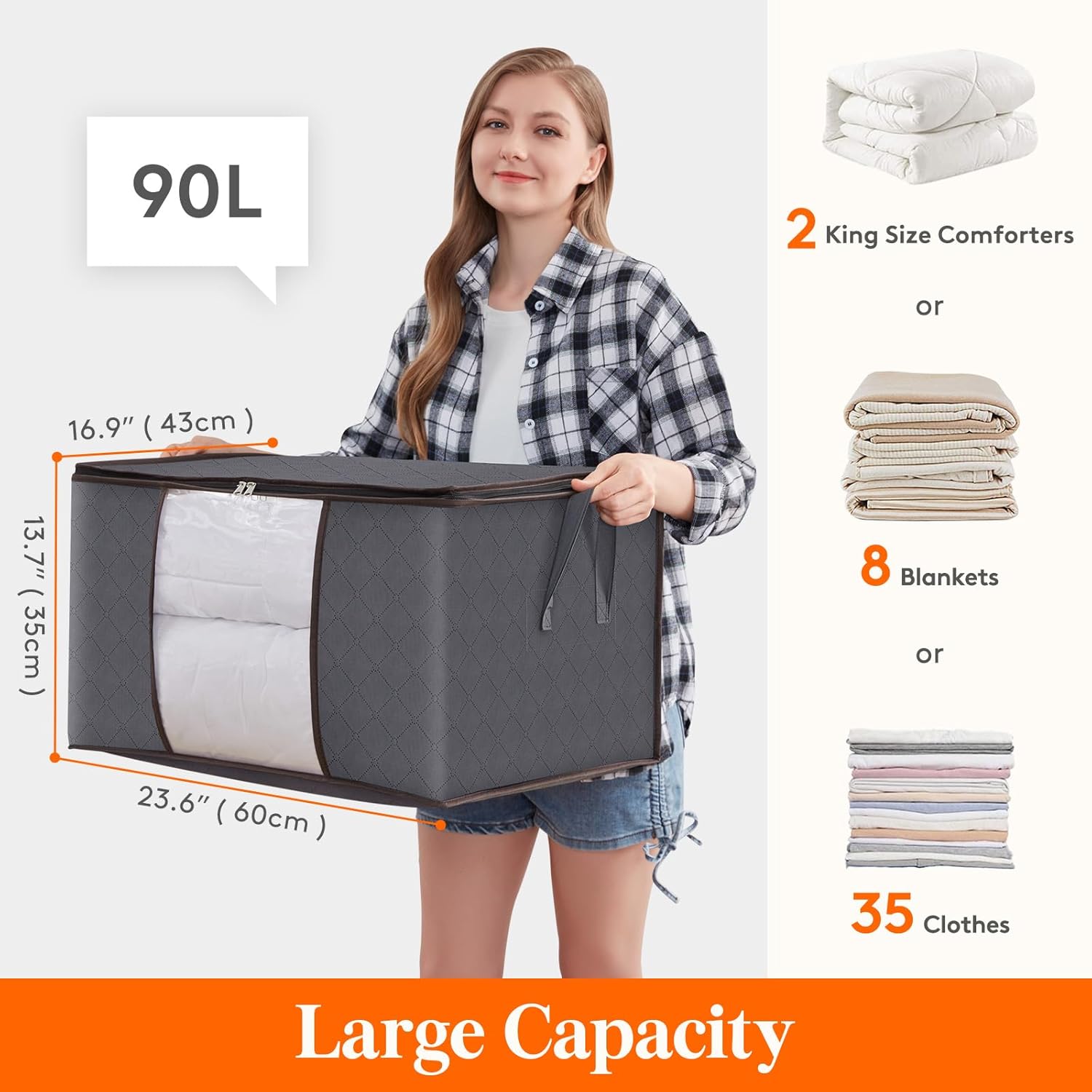 Lifewit 90L Clothes Storage Bags Large Storage Box With Lid Packing Boxes for Moving House With Reinforced Handle Thick Fabric Clear Window for Clothes Duvet Blankets Bedding, 3 Pack, Grey-1