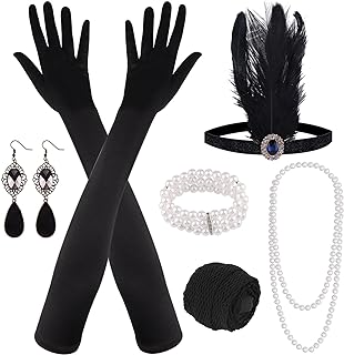 FEPITO 1920s Accessories Set Flapper Headband Necklace Earrings Long Black Gloves Boa Great Gatsby Theme Party Accessories