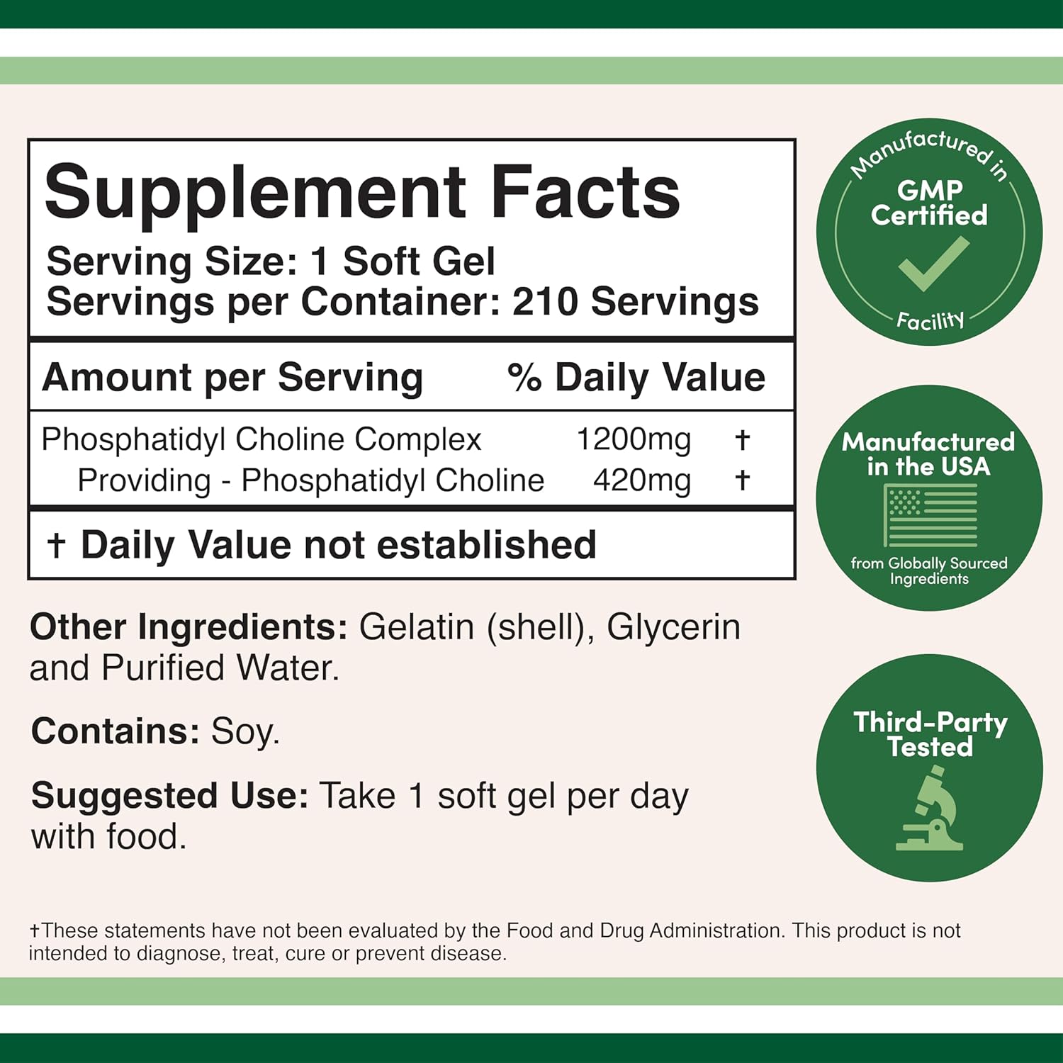 Phosphatidylcholine 1,200 mg Enhanced Version of Sunflower and Soy Lecithin | Non - GMO Support Brain Health (210 Softgels)-1