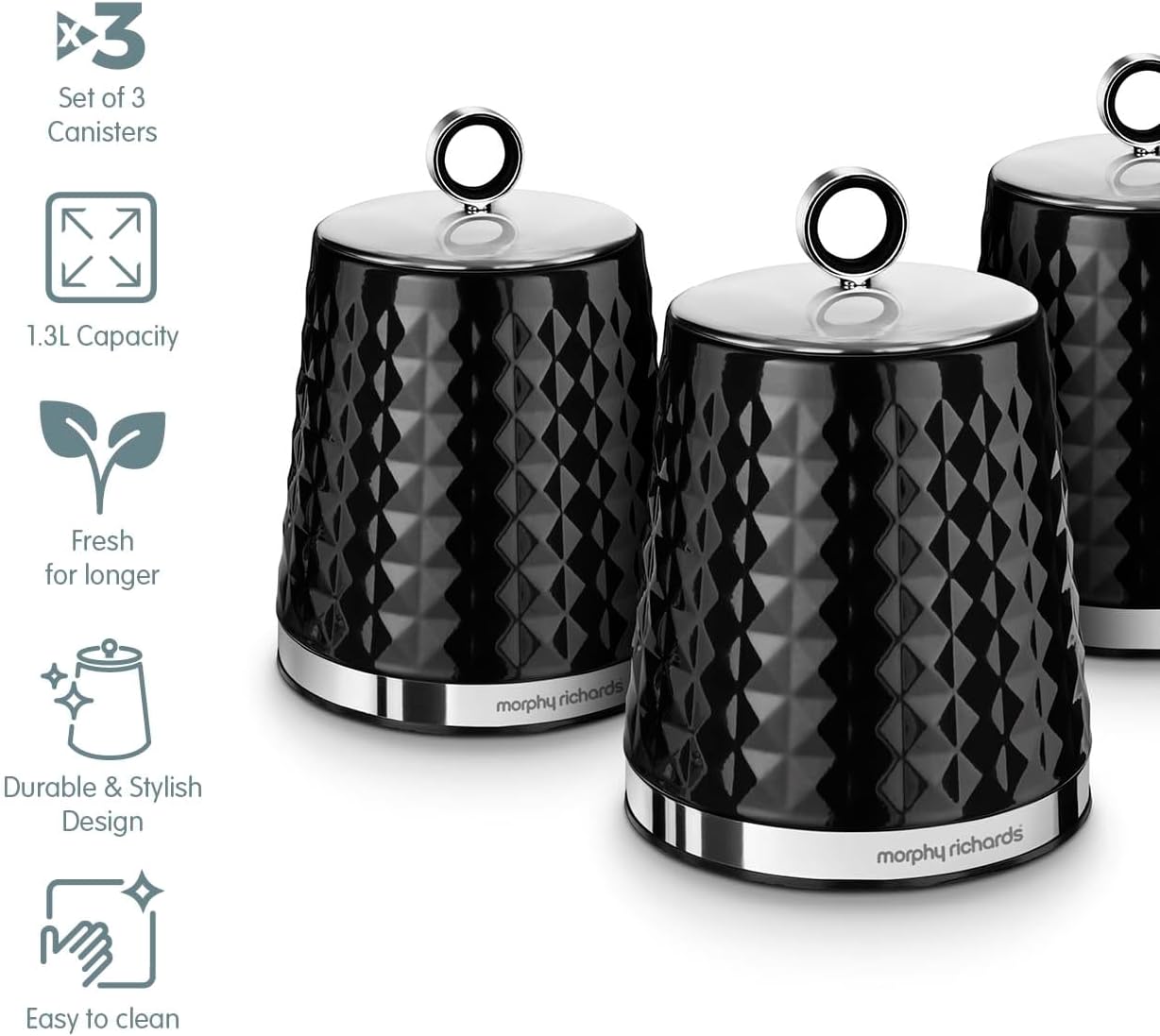 Morphy Richards 978053 Dimensions Set of 3 Round Kitchen Storage Canisters, Black-2