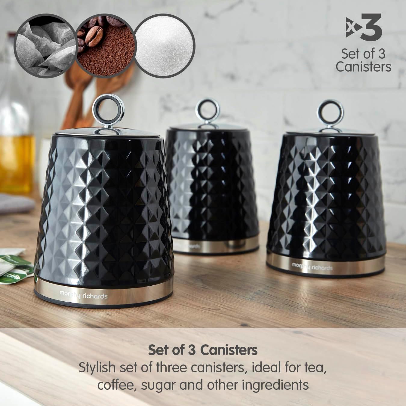 Morphy Richards 978053 Dimensions Set of 3 Round Kitchen Storage Canisters, Black-3