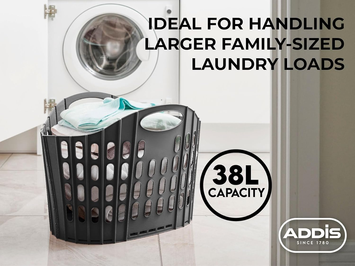 Addis Flat Easy Store Laundry Basket Hamper, Dark Grey, 38 Litre 518150-1