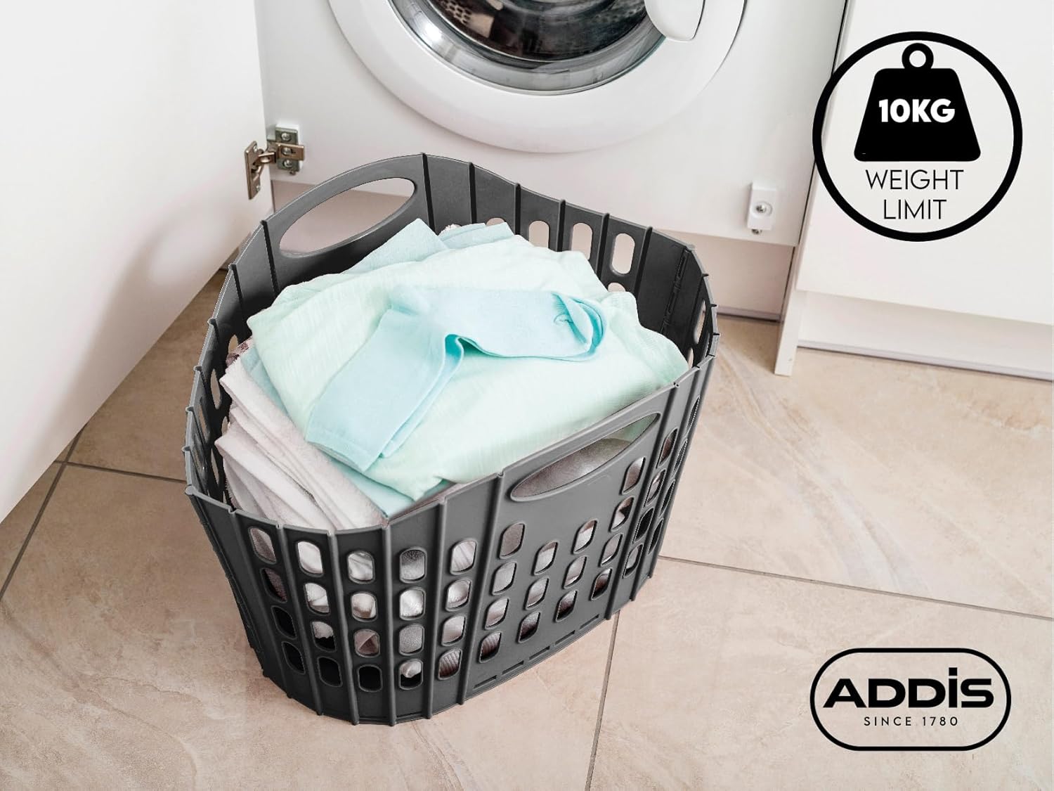 Addis Flat Easy Store Laundry Basket Hamper, Dark Grey, 38 Litre 518150-4