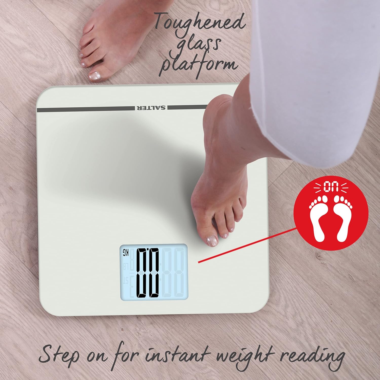 Salter Max Digital Bathroom Scale – Supersize LCD Display, 250 kg Capacity, Large Platform, Easy Read, Carpet Feet & Batteries Included, Kg/lbs, Instant Readings, Weight Measurements, White-3