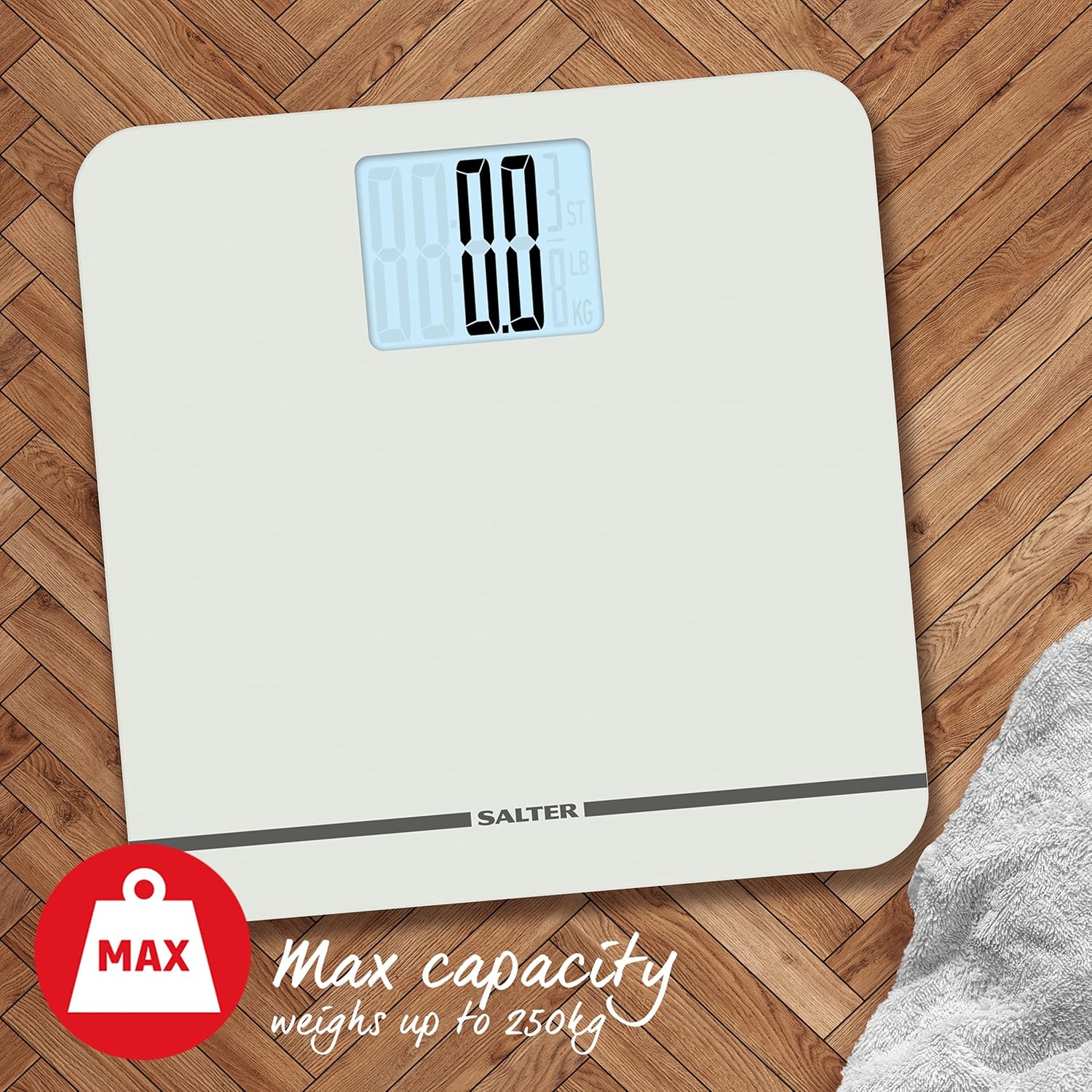 Salter Max Digital Bathroom Scale – Supersize LCD Display, 250 kg Capacity, Large Platform, Easy Read, Carpet Feet & Batteries Included, Kg/lbs, Instant Readings, Weight Measurements, White-4