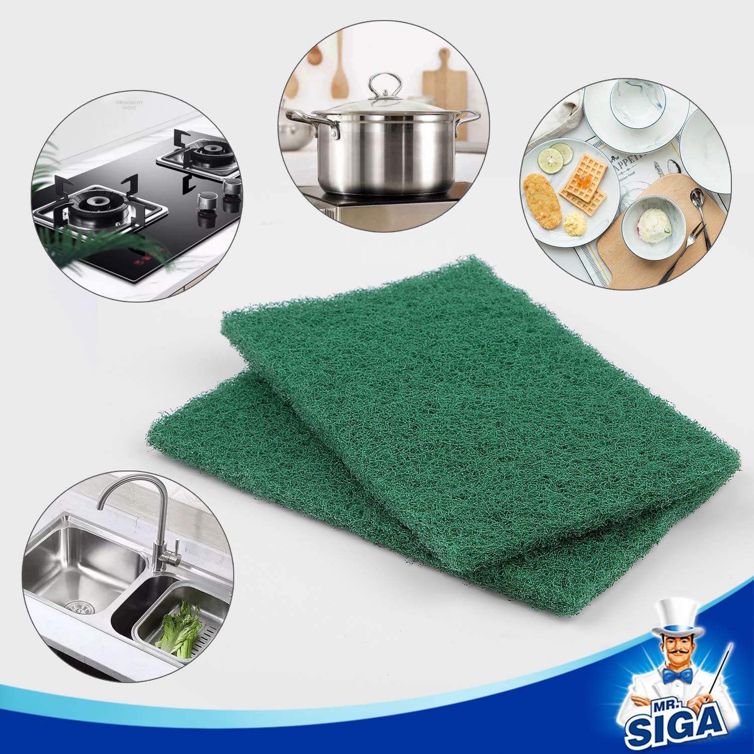 MR.SIGA Heavy Duty Scouring Pads, Household Scrubber for Kitchen, Sink, Dish, 24-Pack, 3.9 x 5.9 inch (10 x 15 cm), Green-2