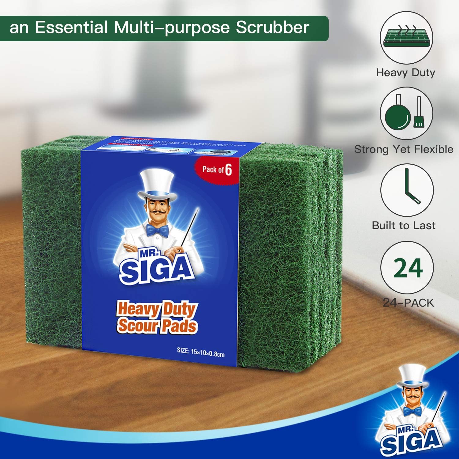 MR.SIGA Heavy Duty Scouring Pads, Household Scrubber for Kitchen, Sink, Dish, 24-Pack, 3.9 x 5.9 inch (10 x 15 cm), Green-3