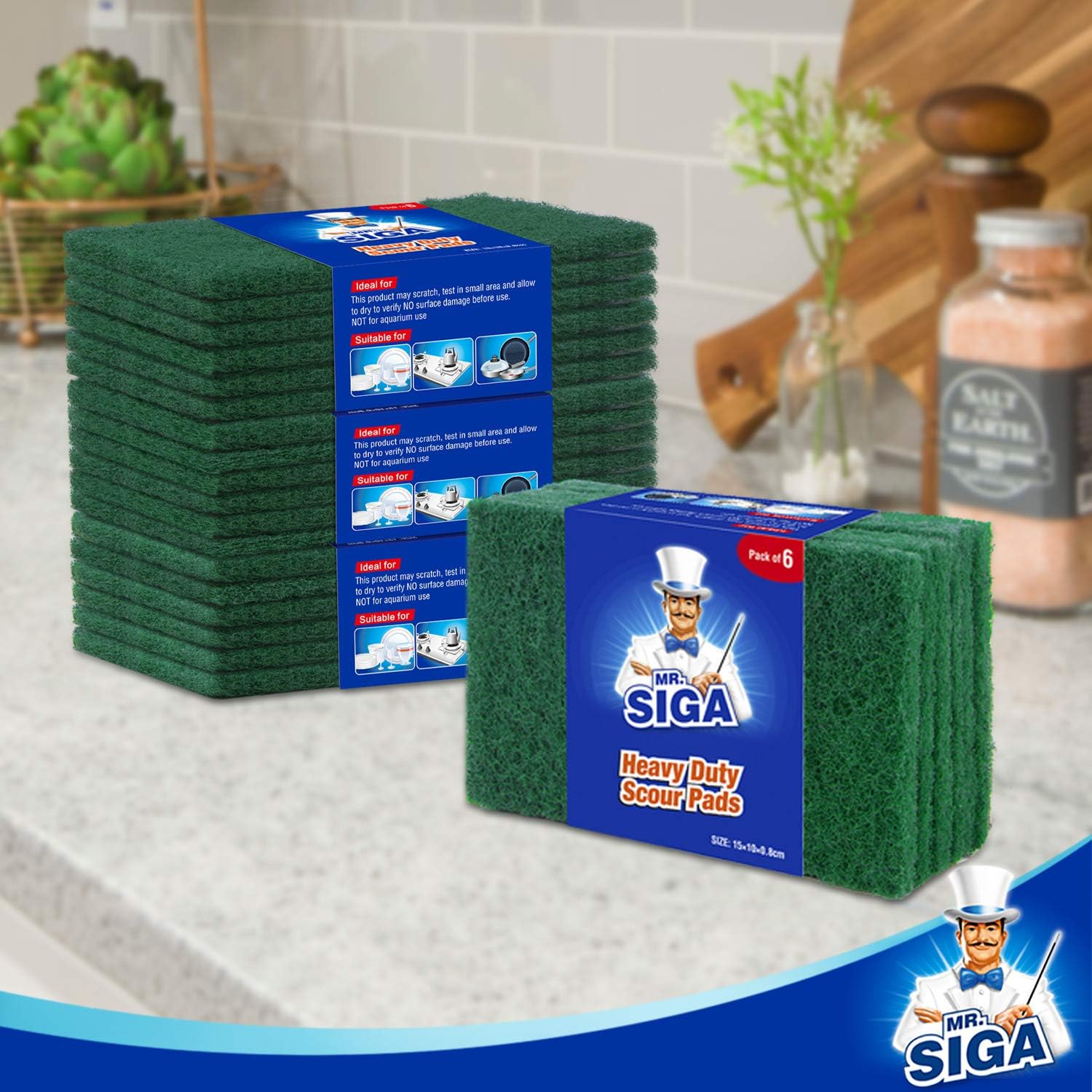 MR.SIGA Heavy Duty Scouring Pads, Household Scrubber for Kitchen, Sink, Dish, 24-Pack, 3.9 x 5.9 inch (10 x 15 cm), Green-6