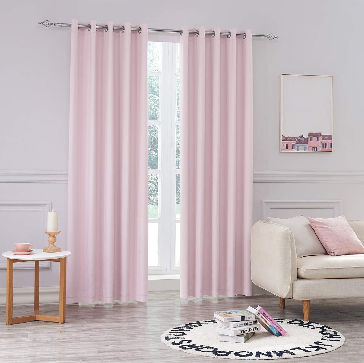 COASTLINE Super Soft Matt Satin 100% Thermal Blackout Blush Pink Eyelet Curtain Window Treatment Drapes 2 panels for Bedroom, Livingroom, Kids Nursery Room W46 x L54 inch-1