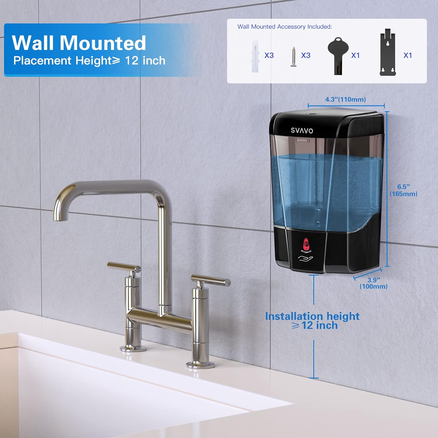 SVAVO Automatic Soap Dispenser Wall Mount, Touchless Soap Dispenser 600ml/20.28oz Battery Operated Hand Free Hand Sanitizer Dispenser Wall Mounted for Bathroom Kitchen Hotel Offices Plastic, Black-3