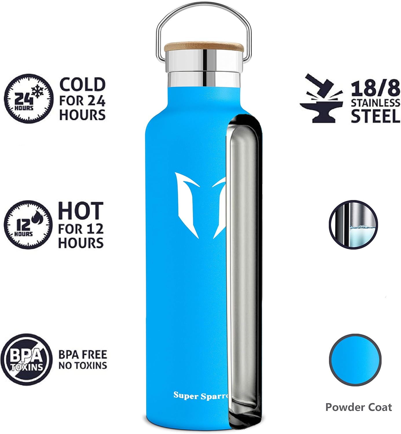 Super Sparrow Stainless Steel Water Bottle - 350ml / 500ml / 620ml / 750ml / 1000ml - Vacuum Insulated Metal Water Bottle - Standard Mouth Flask - BPA Free - Straw Water Bottle for Work, Gym, Sports-2