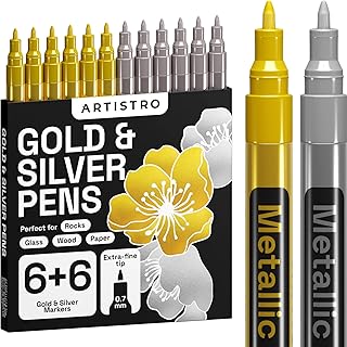 ARTISTRO Gold & Silver Paint Pens for Rock Painting, Stone, Metal, Ceramic, Porcelain, Glass, Wood, Fabric, Canvas. Pack of 12 Permanent Oil Based Paint Markers Extra Fine Tip 0.7mm