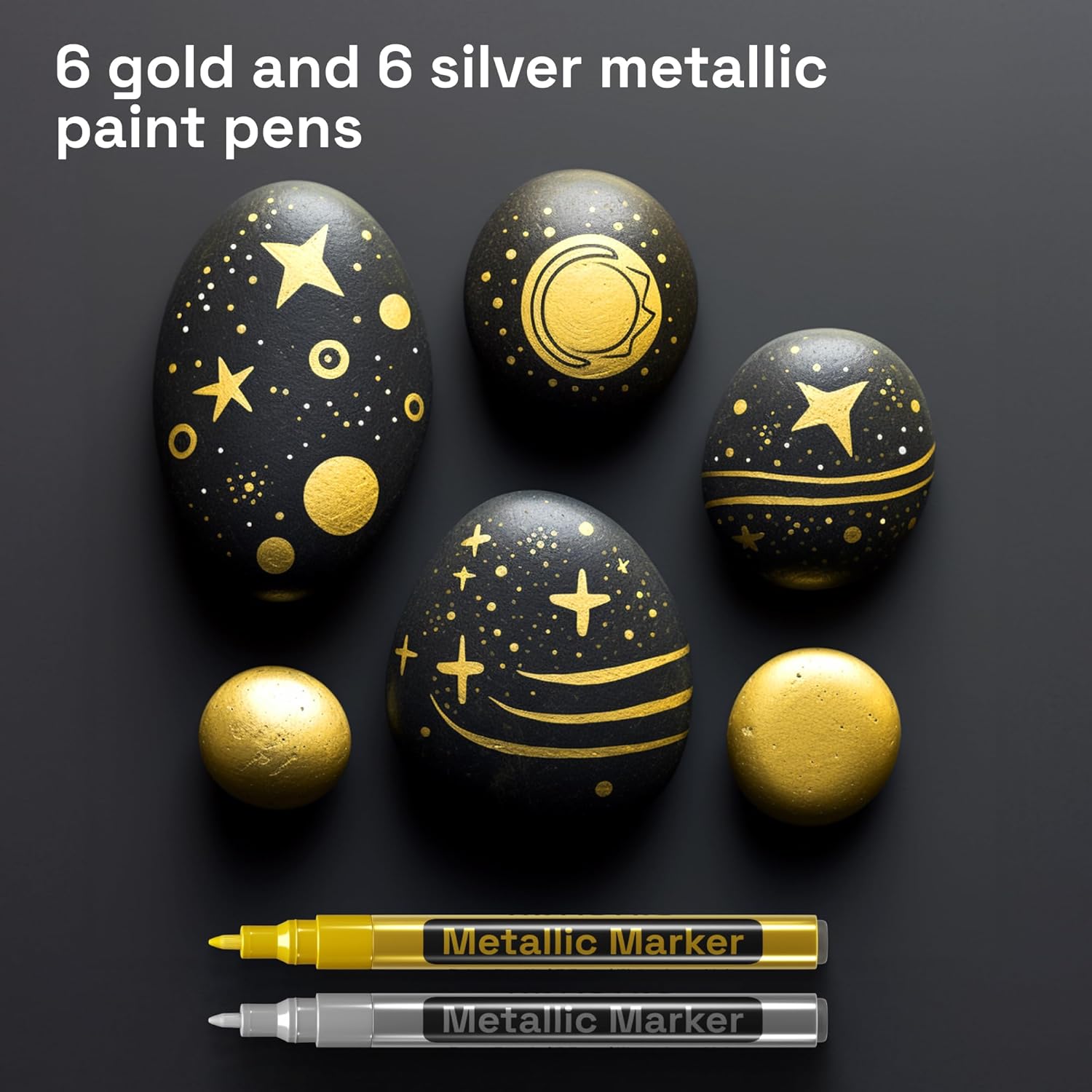 ARTISTRO Gold & Silver Paint Pens for Rock Painting, Stone, Metal, Ceramic, Porcelain, Glass, Wood, Fabric, Canvas. Pack of 12 Permanent Oil Based Paint Markers Extra Fine Tip 0.7mm-2